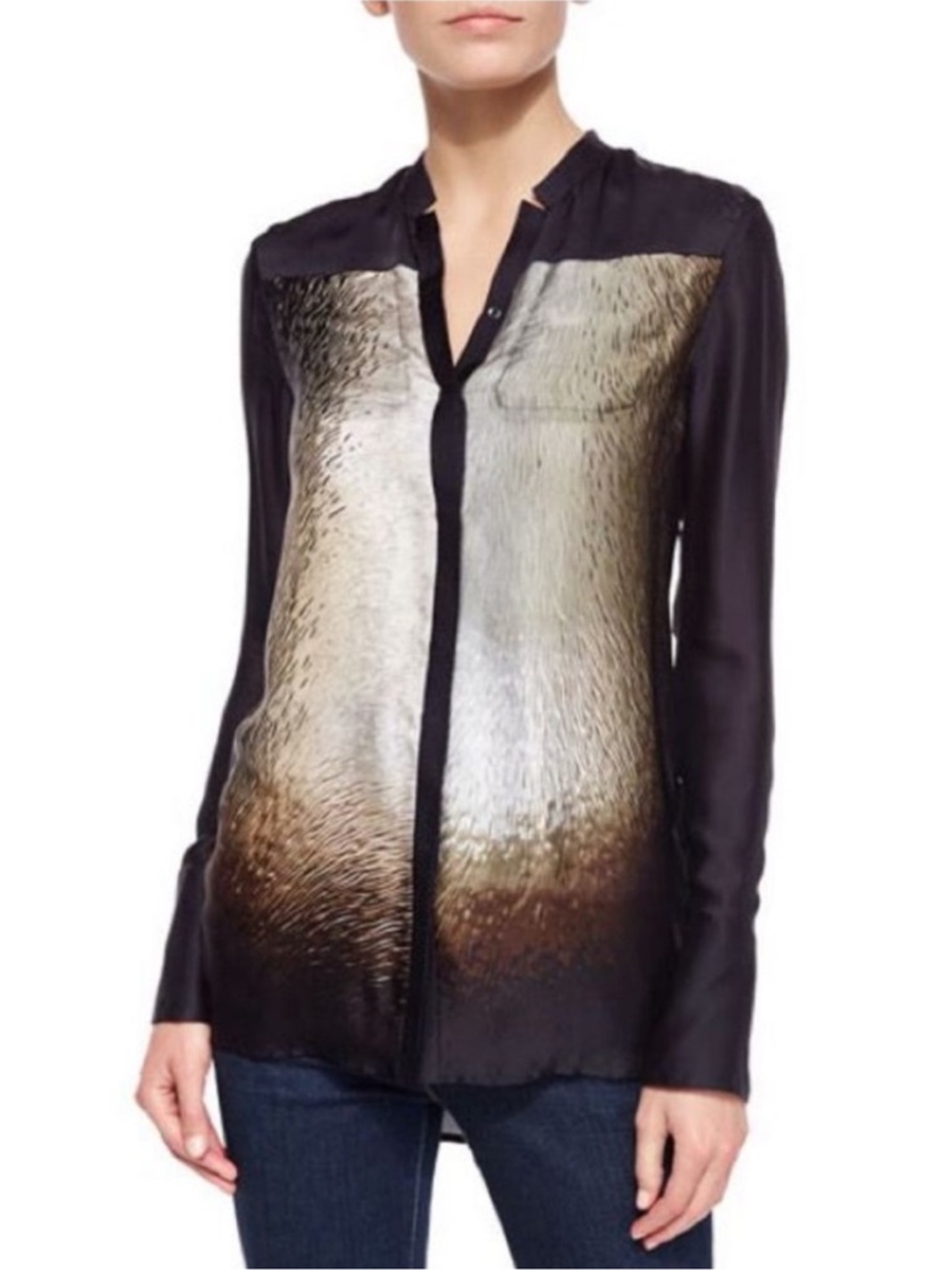Halston Heritage Silk Animal Fur Printed Top Button Down